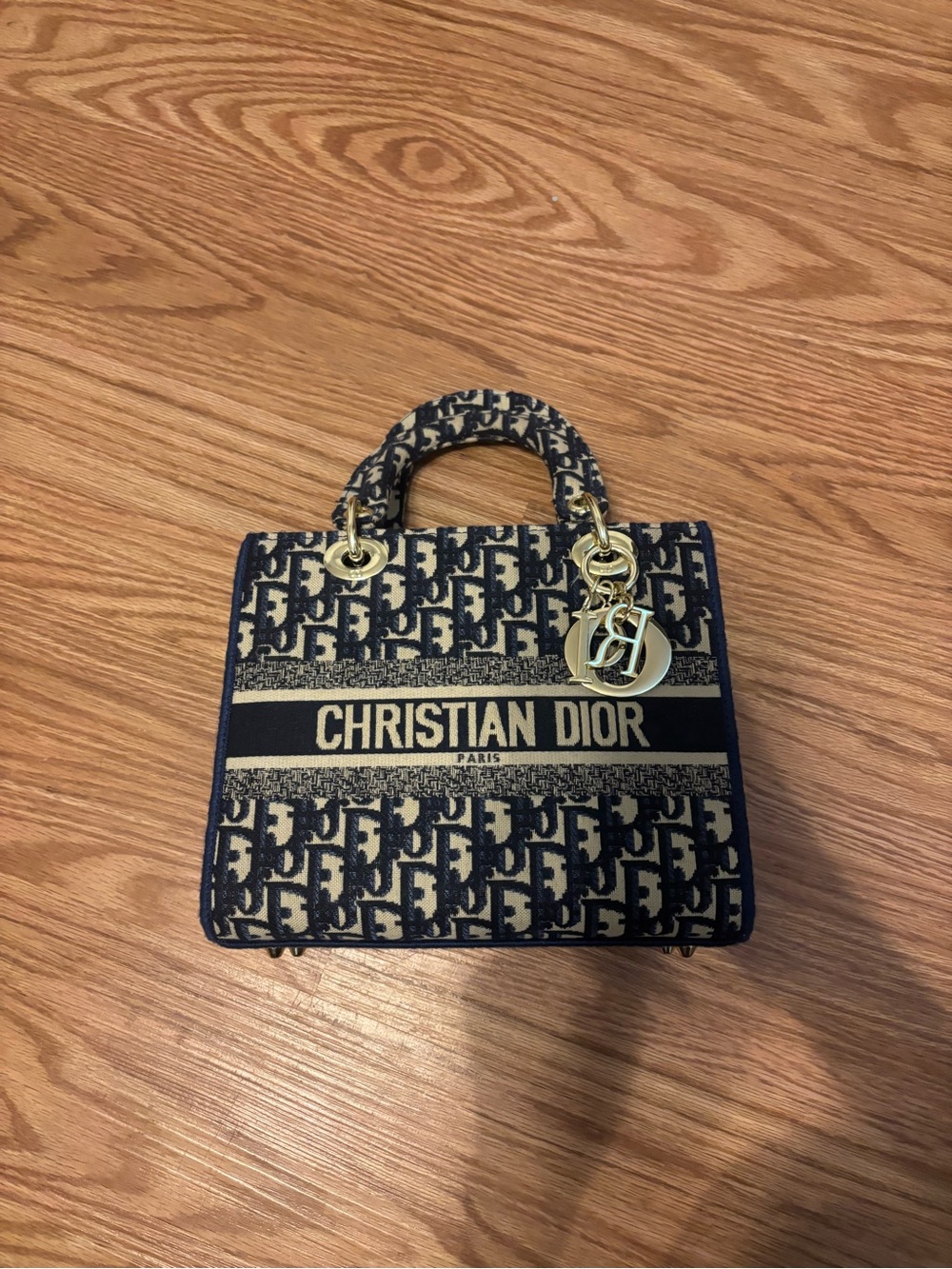 Dior Navy Blue and Beige Oblique Mini Lady Dior Tote